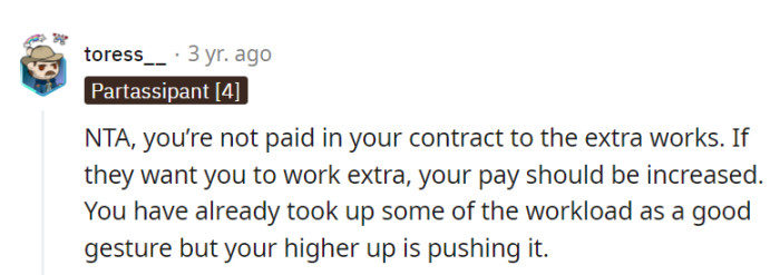 There's no wrongdoing here! The contract spells it out—extra work merits extra pay, not a demanding manager. The olive branch was extended, but the boss wants the entire tree!