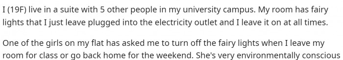 OP starts off the post by explaining her living situation and the fairy lights.