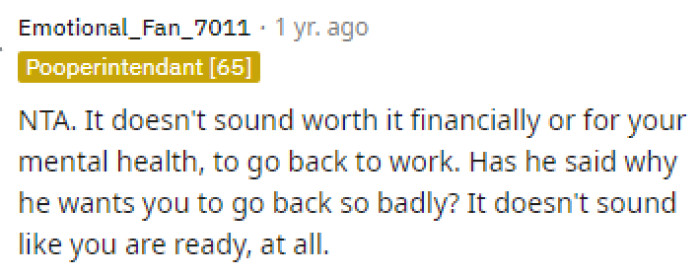 People immediately came to the comments to share their opinions, and it seems like many of them believe that OP is NTA in this situation because they can afford for her to stay home.