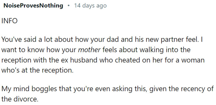 How does the mother feel about walking into the reception with the ex-husband who cheated on her?
