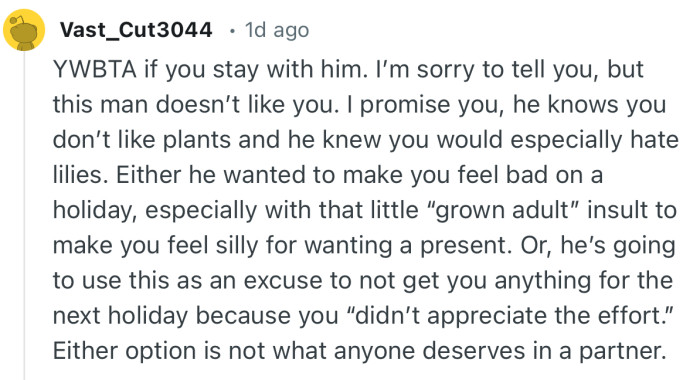 “YWBTA if you stay with him. I’m sorry to tell you, but this man doesn’t like you.”