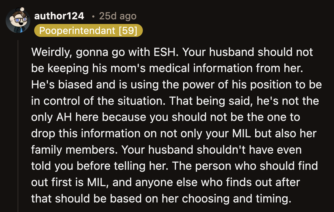This was handled poorly from the start. Why wasn't the mother-in-law the first to learn about her health issues? Nevertheless, OP shouldn't meddle.