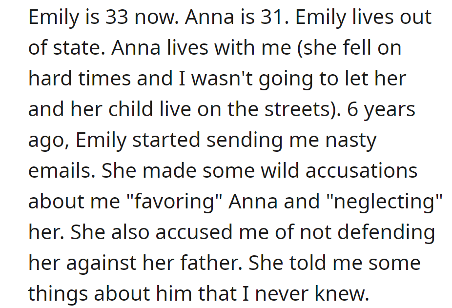 Emily, 33, is out of state. Anna, 31, is with the mother. Accusations from six years ago about favoritism and their father's actions resurface.