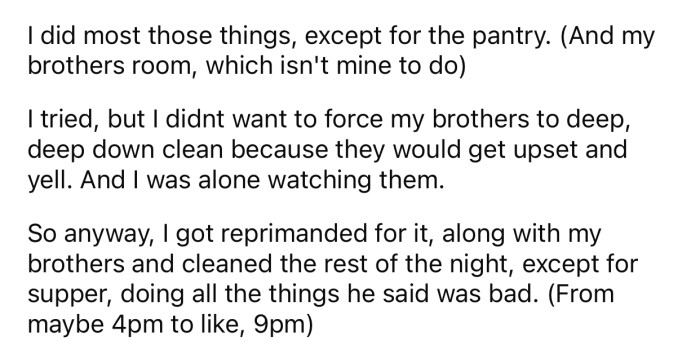 OP got reprimanded for doing the “bare minimum“ and had to do more chores.