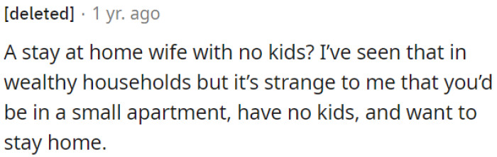 A stay-at-home wife without kids is odd.