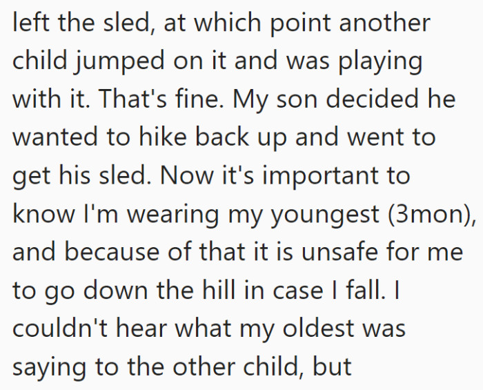 She says that her son left the sled, which was fine, but obviously she expected to get it back when they left or when they asked.