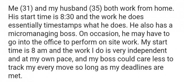 The OP and her husband both work from home