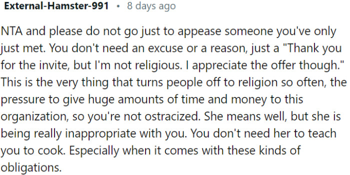 OP is not obligated to attend the church or accept the coworker's teachings.