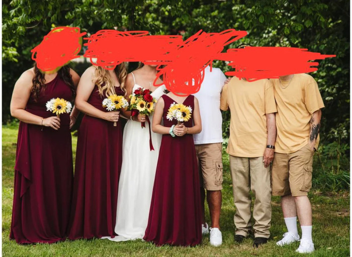 25. Classic pairing: wine-red floor-length gowns and khaki/beige cargo shorts.