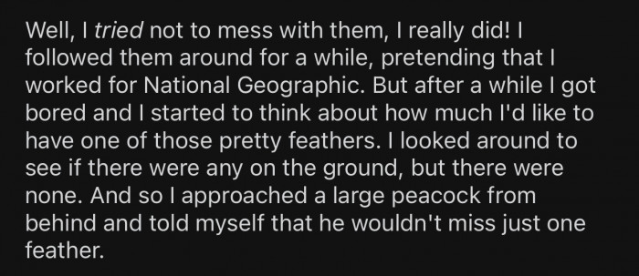 OP decided to pluck one feather from the peacock and hoped it wouldn't notice.
