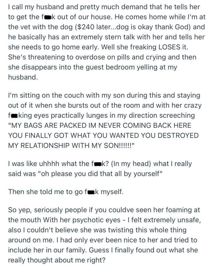 OP’s Husband Ended Up Asking His Mom to Leave, but She Made Sure to Create a Scene on Her Way Out