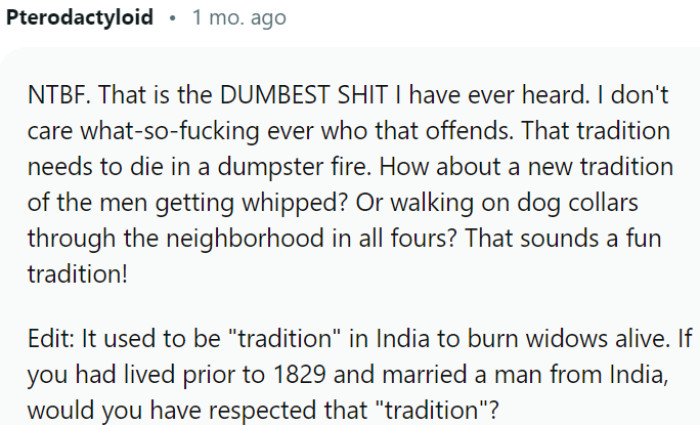 The cultural tradition in question is met with fervent criticism