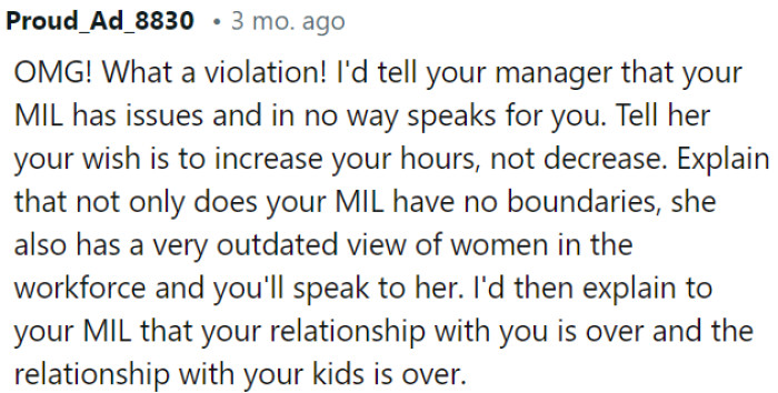 OP should inform her manager that her MIL's actions do not represent her wishes.