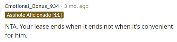 This part: legally, she can leave when the lease ends, and he has no right to ask her for anything else.