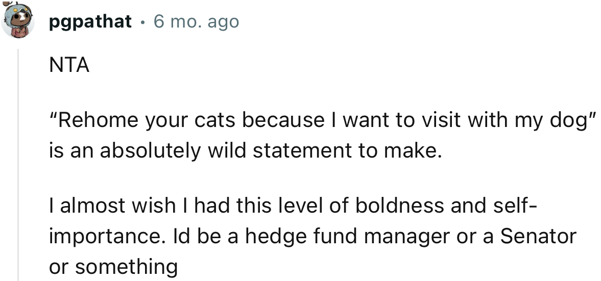 “NTA ‘Re-home your cats because I want to visit with my dog’ is an absolutely wild statement to make.”