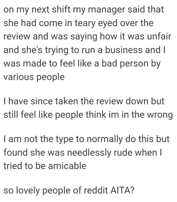 OP's not the type to normally do this but found she was needlessly rude
