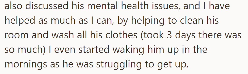 Discussed mental health, helped clean his room, wash clothes (took 3 days), started waking him up as he struggled.