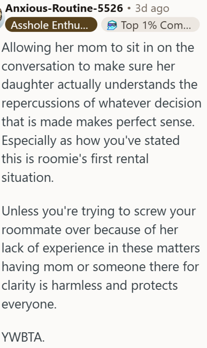 Blocking a roommate's mom from a rental talk says a lot about your intentions