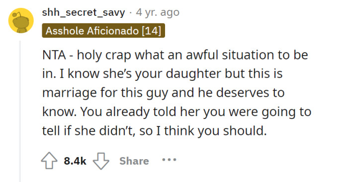 A wedding without truth? That's a ticking time bomb wrapped in a white dress—time to defuse it, Dad!