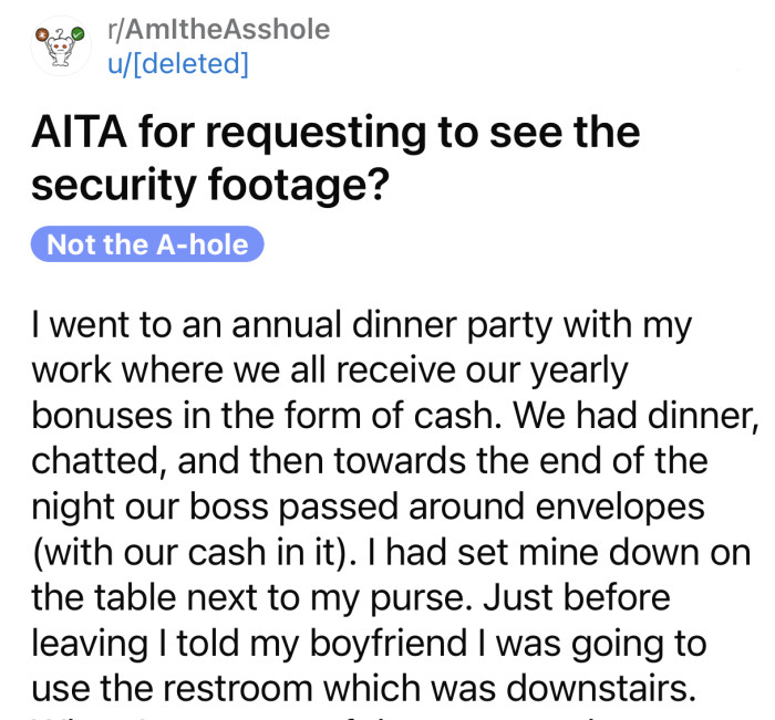 Here's the original post by a Reddit user who later deleted her account: