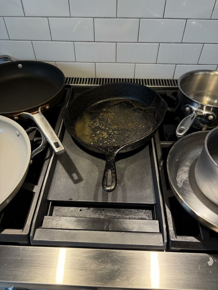 I Refused To Clean The Pan He Used For Steak Since I Wasn’t Home… It’s Been Sitting There For Three Days (Notice I’ve Cleaned All The Pans Around It!)