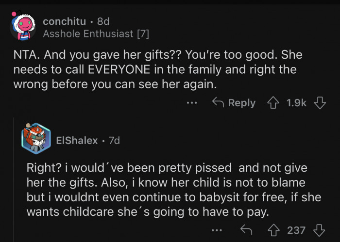 The sister doesn't even deserve to receive those gifts.
