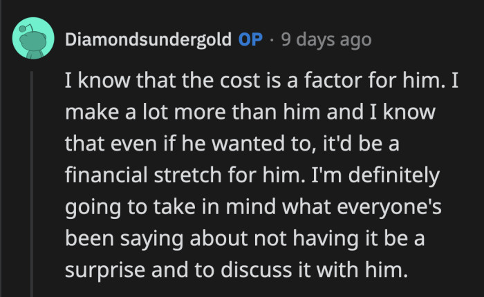 Don't include his finances in the conversation, OP