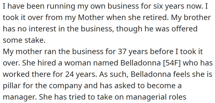 The OP explained they have an employee, Belladonna, who has been working for 20+ years for the company: