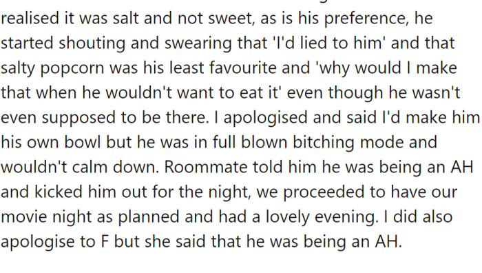 F's boyfriend persistently questioned whether the popcorn was sweet or salty.