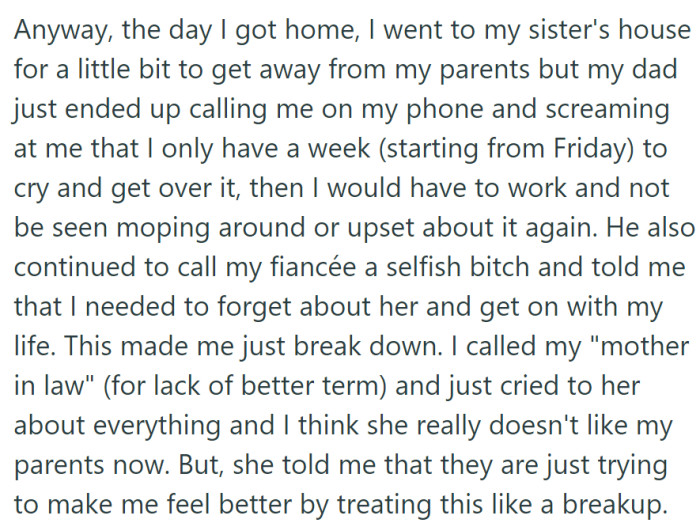 OP's father pressured them to stop grieving within a week, insulting their late fiancée, leading to a breakdown. Seeking comfort from their fiancée's 