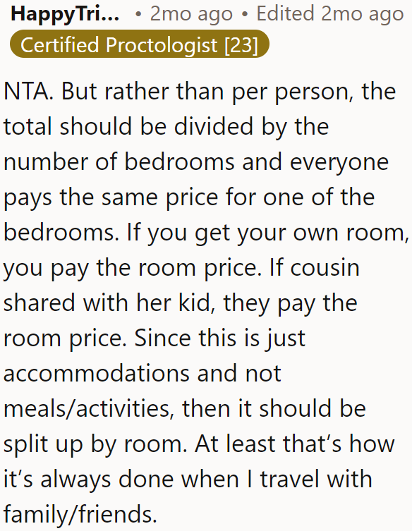 The price should be split per room, as most Redditors suggested.