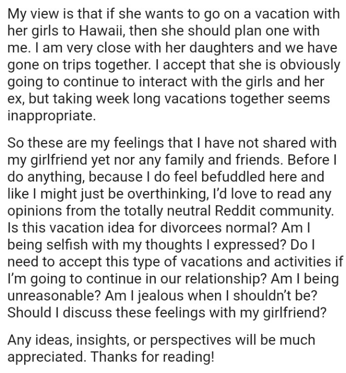 OP's girlfriend is obviously going to continue to interact with the girls and her ex