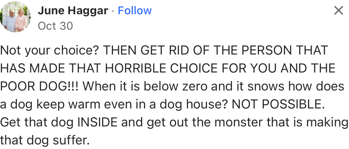 “Get that dog INSIDE and get out the monster that is making that dog suffer.”