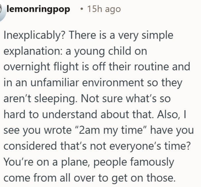 OP mocked for acting surprised when a young child won't sleep on a plane