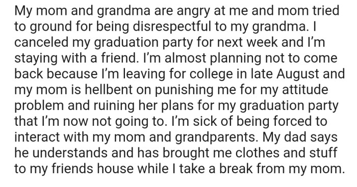 Now OP's Mom and Grandmother Are Angry and Accusing Them of Being Disrespectful