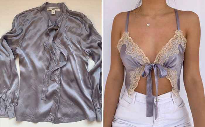 48. Using a thrifted blouse and lace scraps, she crafted a silk lace camisole with adjustable straps and intricate lace appliqué. The lace was uniquely hand-dyed using coffee and charcoal botanical dyes, resulting in a product she adored.