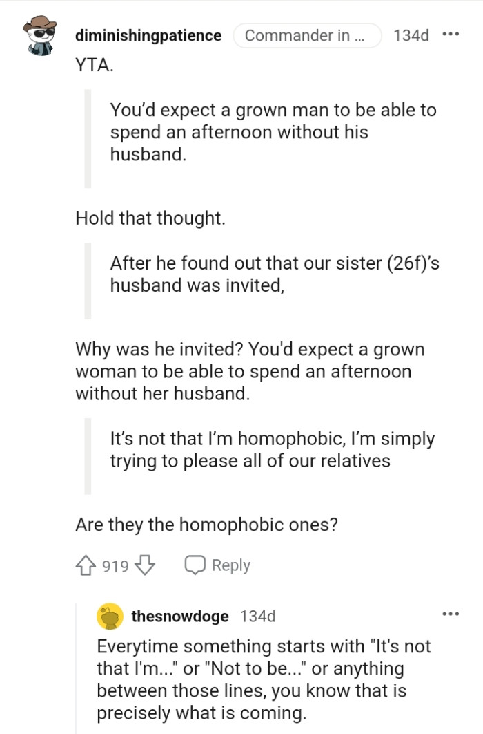 A grown woman should be expected to be able to spend the afternoon without her husband