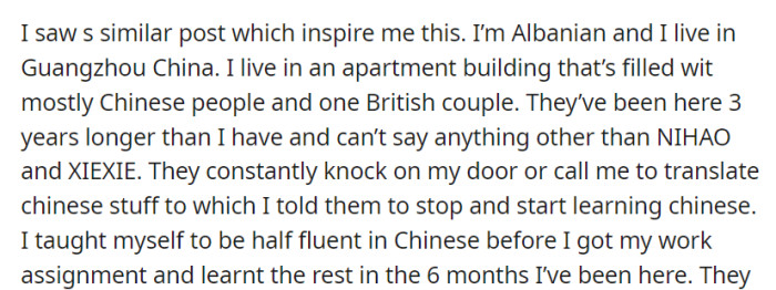 OP, an Albanian resident in Guangzhou learned Mandarin after seeing a post and encouraged a British couple, living in the same building for three years but speaking only basic Chinese, to start learning the language.