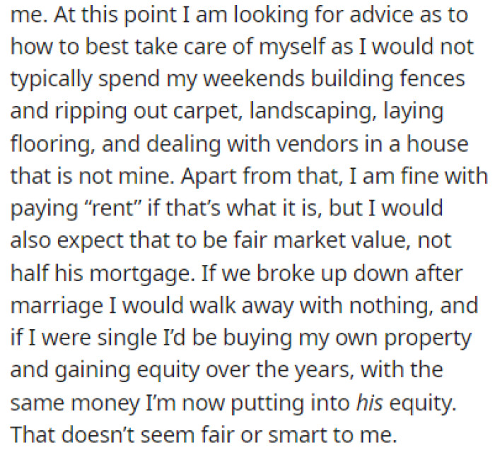 OP knows that if they get divorced, she would walk away with nothing