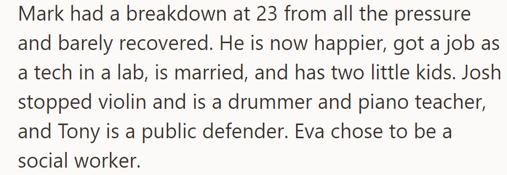 Mark, recovered, works in a lab, married with kids. Josh teaches drums and piano. Tony is a public defender. Eva is a social worker.