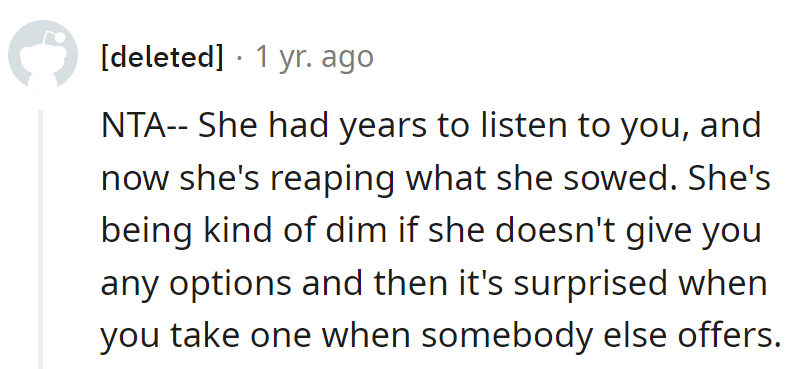 Years of silence make for a solo performance elsewhere. If she wanted a say, she should've handed over the mic.