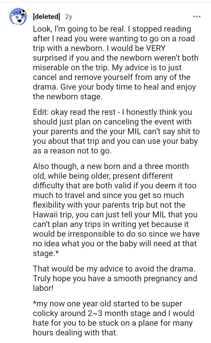 Telling the MIL no trip can be planned