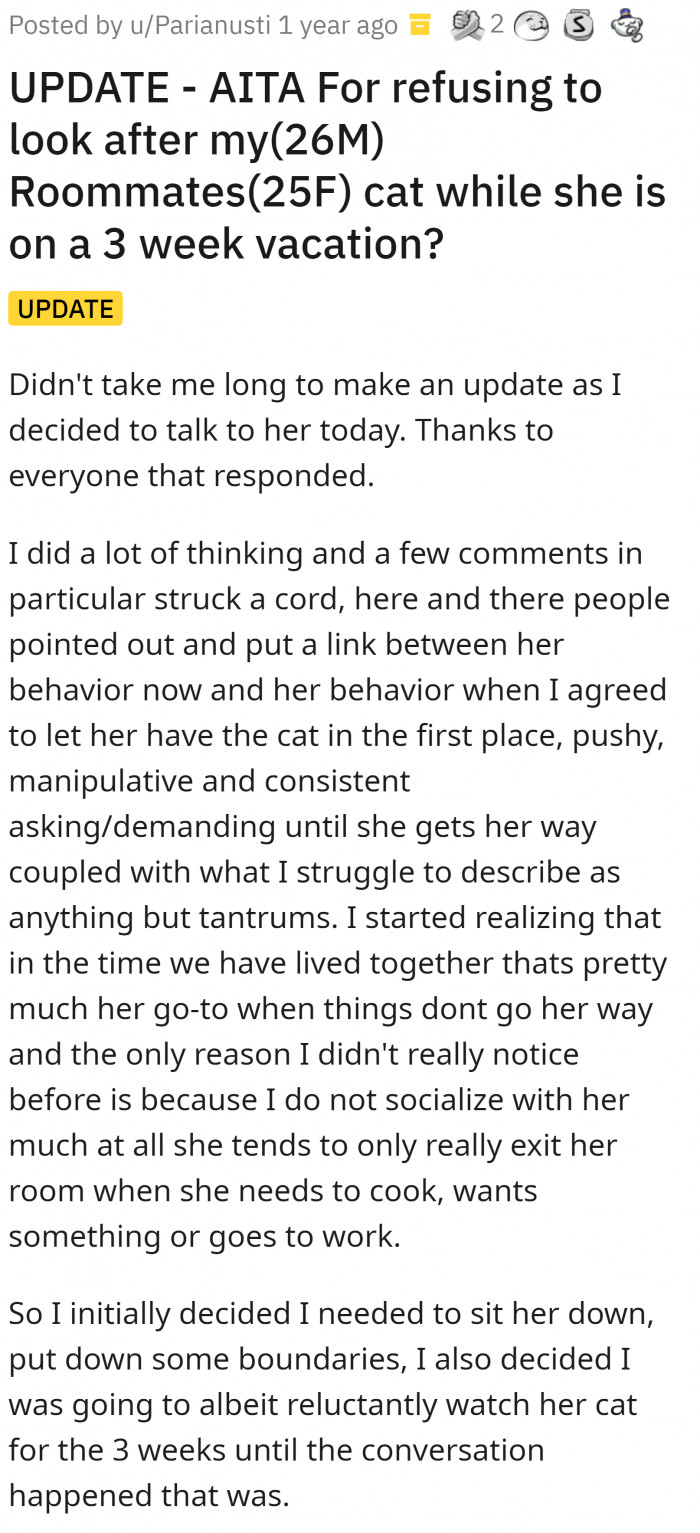 1. OP posted an update about the situation with her roommate.
