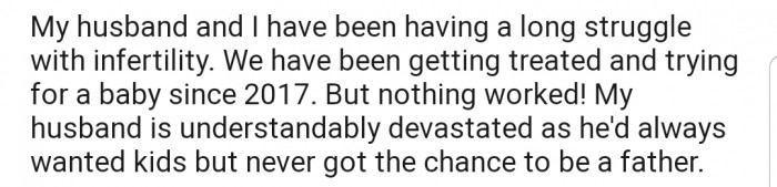 OP has been trying to get pregnant for a long time with her husband to no avail. Consequently, her husband has been devastated over their infertility issues.