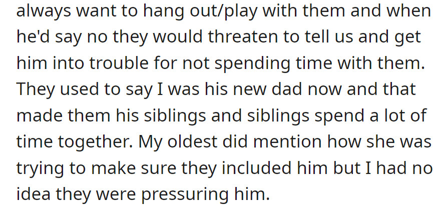 Sammy's step-siblings pressured him to spend time together, threatening to tell his parents if he refused.