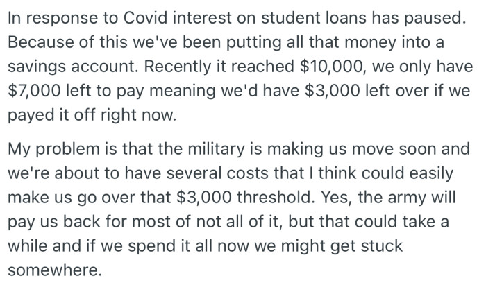 The military is making OP and his wife move soon. which would inquire some costs. Sure, the military will pay back the money, but it could take some time