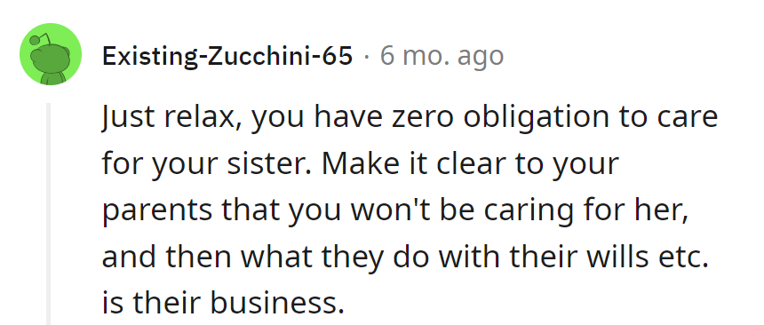 No sis-saving duty here. Parents know, wills show.
