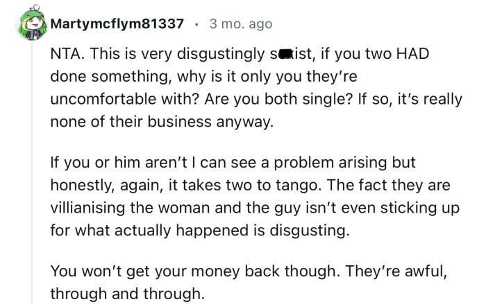 “The fact they are vilifying the woman and the guy isn’t even sticking up for what actually happened is disgusting.”