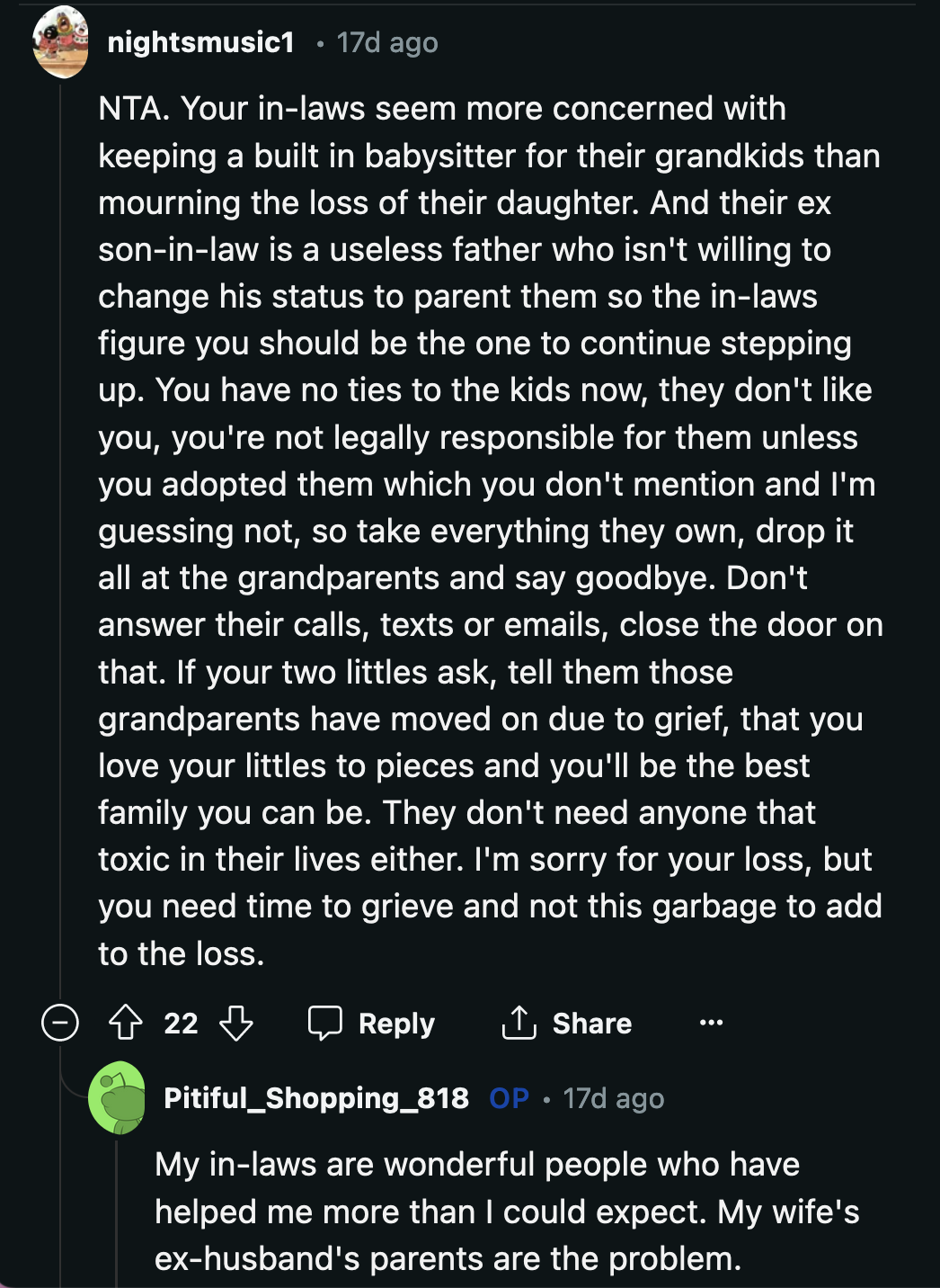 OP also clarified that it wasn't his wife's parents who badgered him. The people making the loudest noise were the parents and family of his late wife's ex-husband.