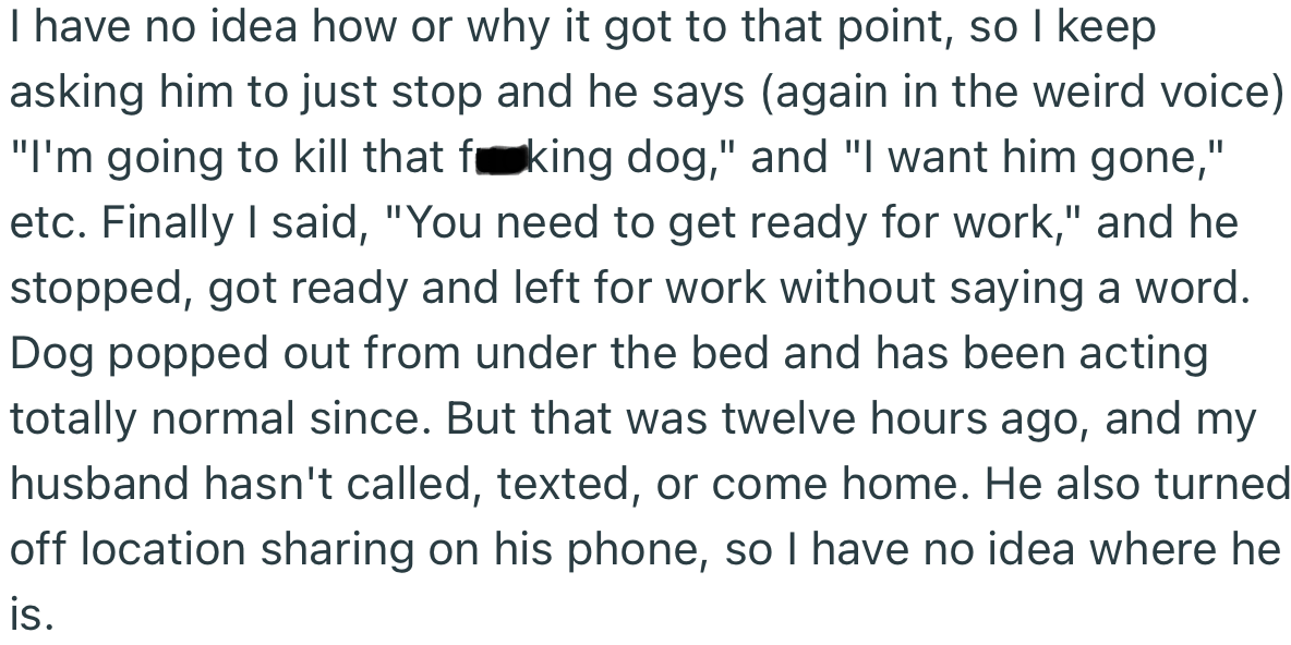 OP’s husband eventually left for work, but made it clear that he wants the dog gone or he’ll kill it